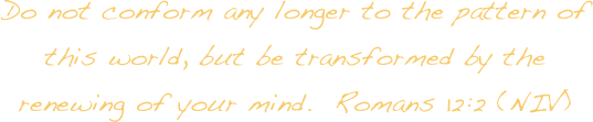 Do not conform any longer to the pattern of this world, but be transformed by the renewing of your mind.  Romans 12:2 (NIV)